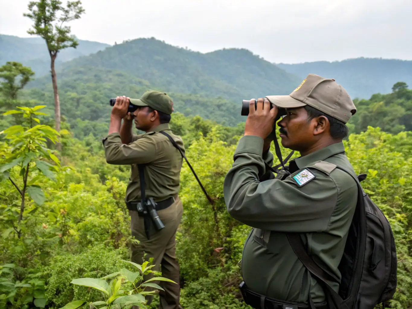 A photograph depicting L'ARGENTOR staff patrolling a riverbank at dawn, equipped with binoculars and radios, symbolizing their anti-poaching efforts.
