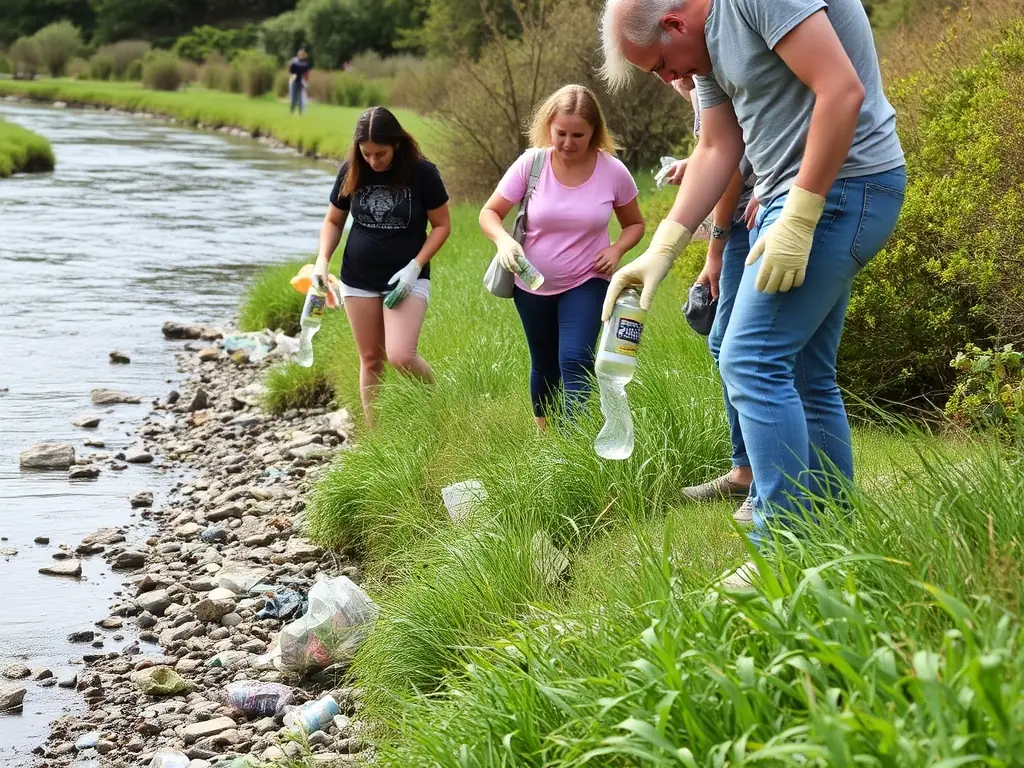 A photograph showing L'ARGENTOR volunteers cleaning up debris and pollutants from a river, highlighting their commitment to pollution prevention.