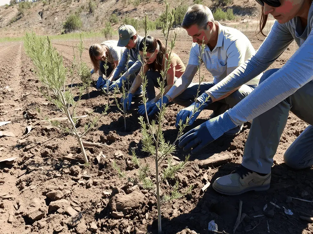 A photograph of L'ARGENTOR members planting native vegetation along a riverbank, illustrating their habitat conservation efforts.