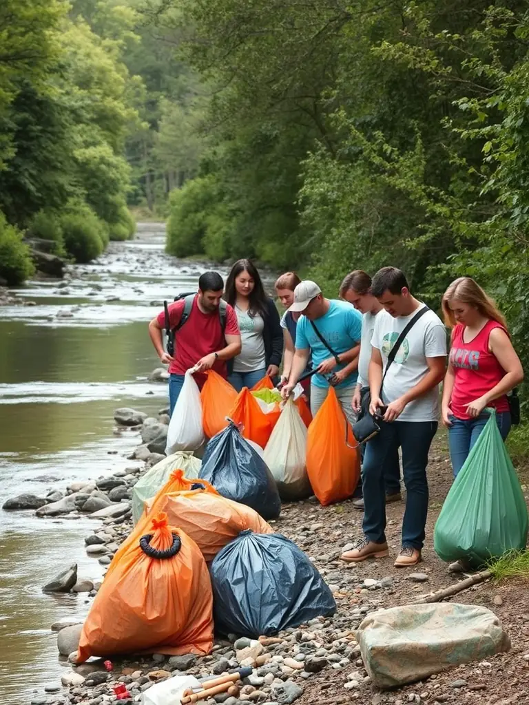 A photograph showcasing volunteers from L'ARGENTOR participating in a river cleanup activity, removing plastic waste and debris from the riverbank, with lush greenery in the background.