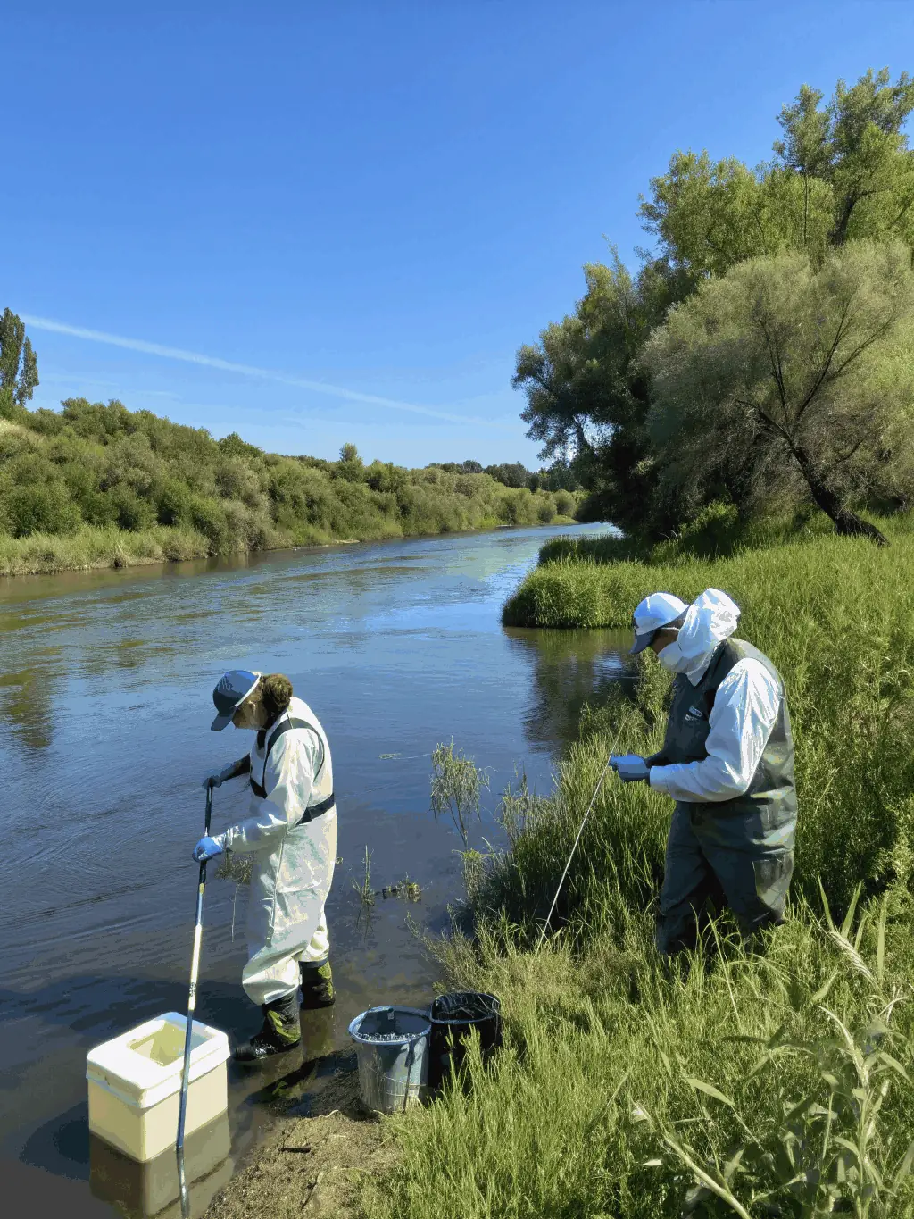 A photo of L'ARGENTOR staff conducting a fish population survey in a local river, using nets and scientific equipment to assess the health and diversity of the fish species.