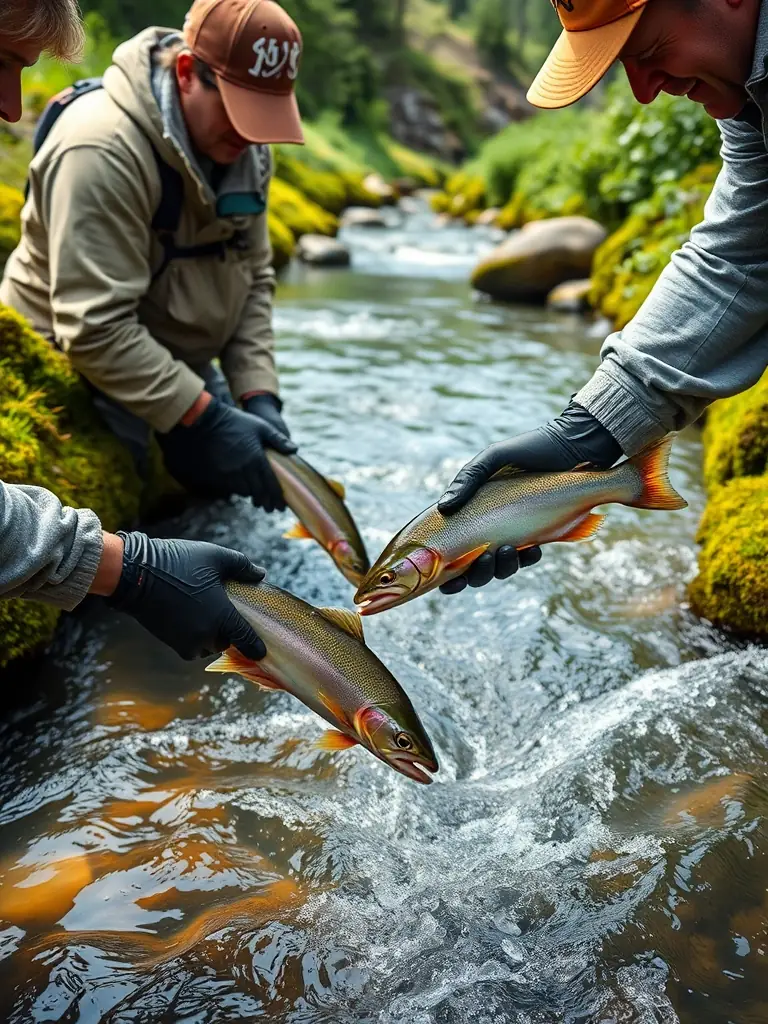 A photograph of L'ARGENTOR staff releasing juvenile fish into a restored habitat, with clear water and healthy vegetation visible in the background.